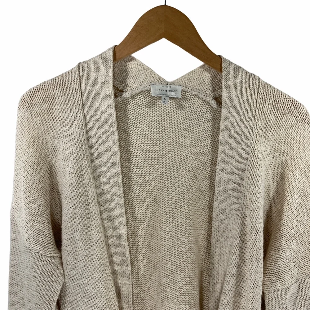 Med Lucky Brand Size Medium Oatmeal Cream Chunky Knit Open Linen Cardigan Tassel - Picture 2 of 10